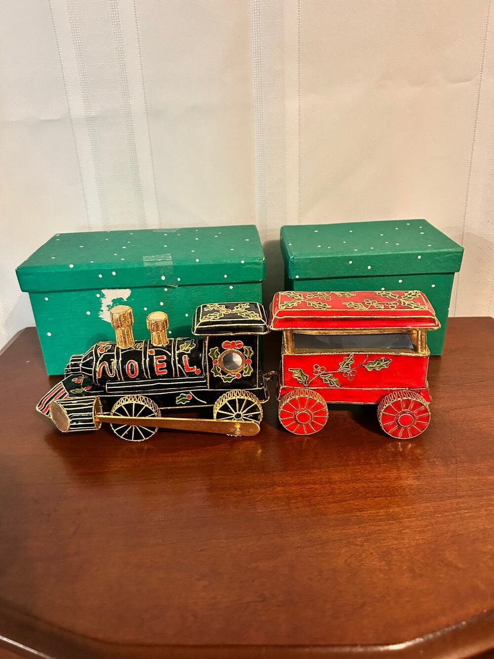 Vintage NYCO Cloisonné Christmas Train Set Engine Caboose Noel Figurine 1980s
